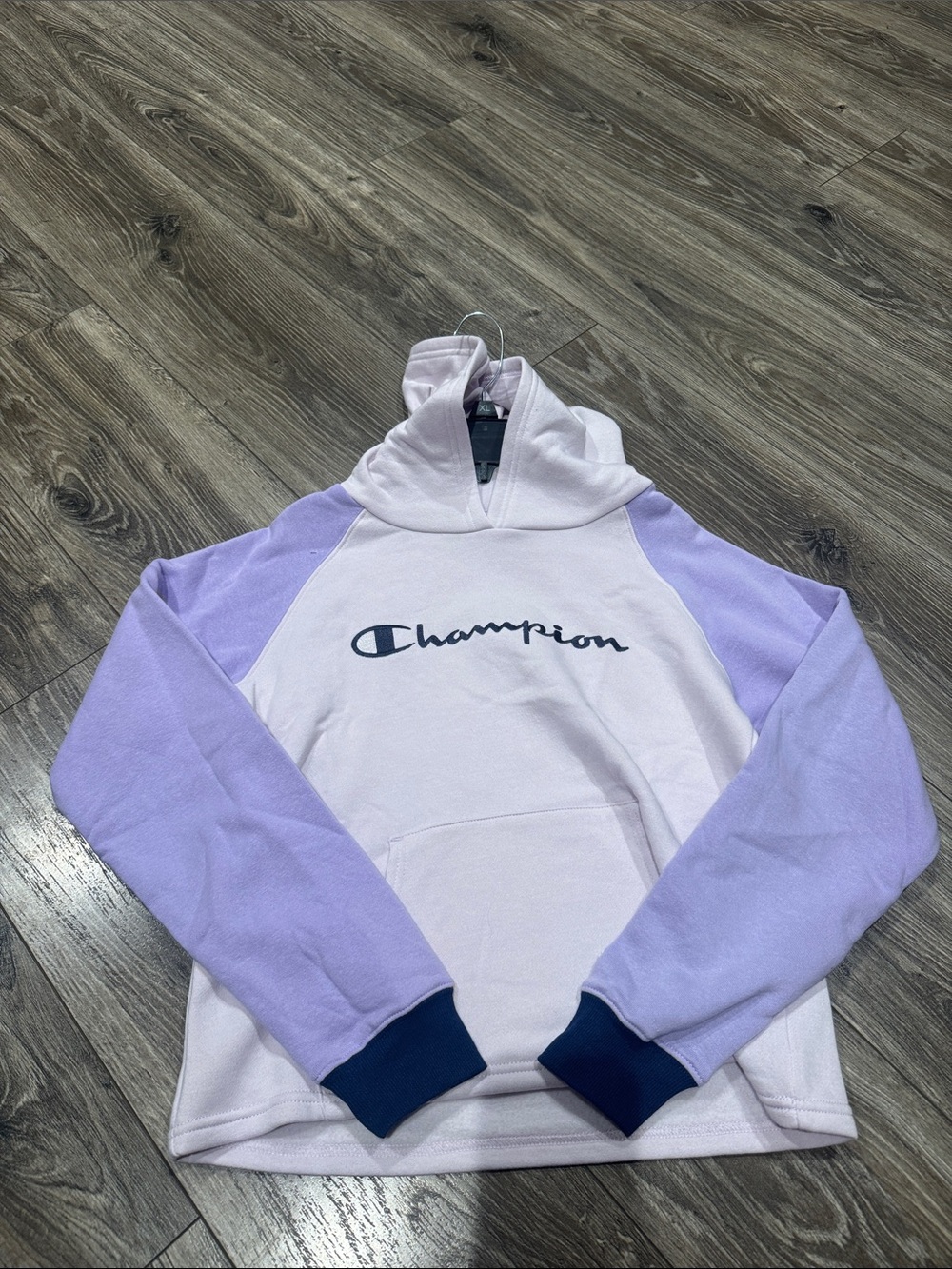 NWT Girls Champion Pink Body Hoodie with Lavender Raglan Sleeves and Navy Script